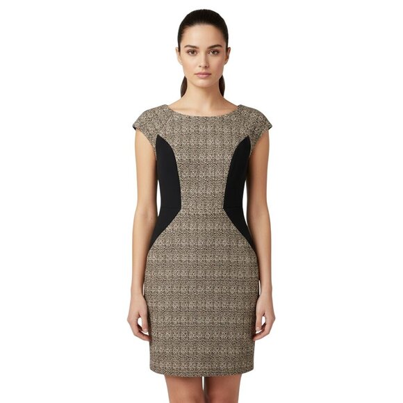 Eva Franco Tweed Sheath Cap Sleeve Dress Size 4 Black Side Panels - Picture 1 of 9